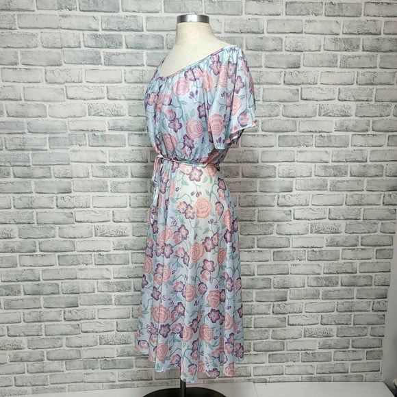 Vintage 70s 80s Sheer Floral Midi Off the Shoulders Flutter Sleeve Summer Midi - Picture 5 of 9